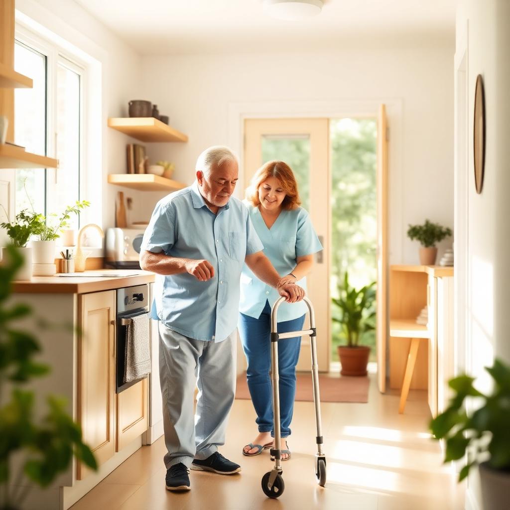Caregiver helping elderly man with a walker